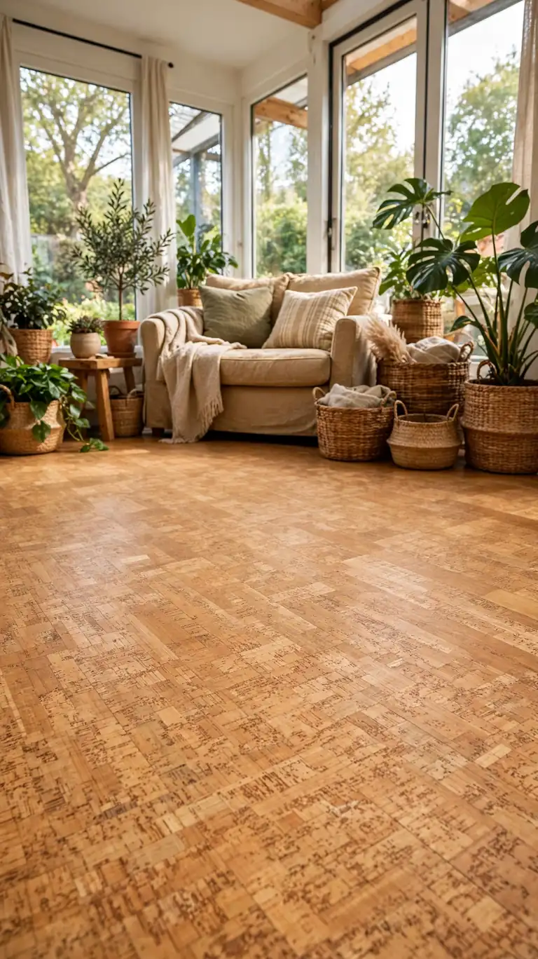 Sunroom with natural cork flooring in warm honey tones, a cozy loveseat, and woven baskets.