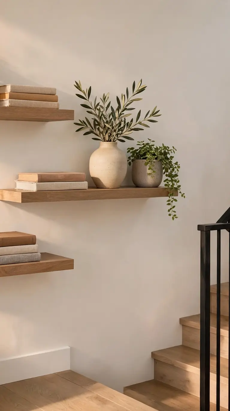 Three staggered oak floating shelves on a stair landing wall styled with stacked books, a ceramic vase with olive branches, and a trailing potted plant beside a staircase.