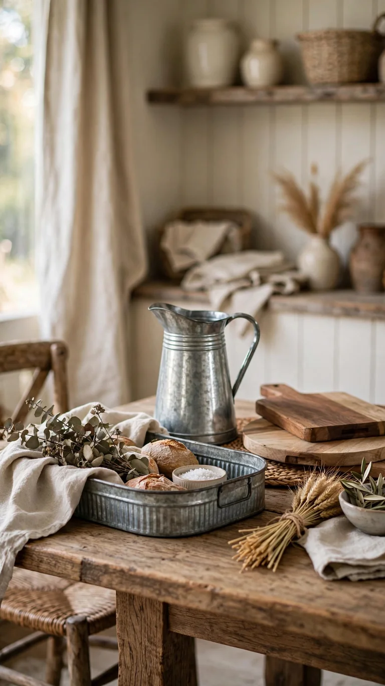 Galvanized metal tray and pitcher styled on a farmhouse dining table beside wooden serving boards.