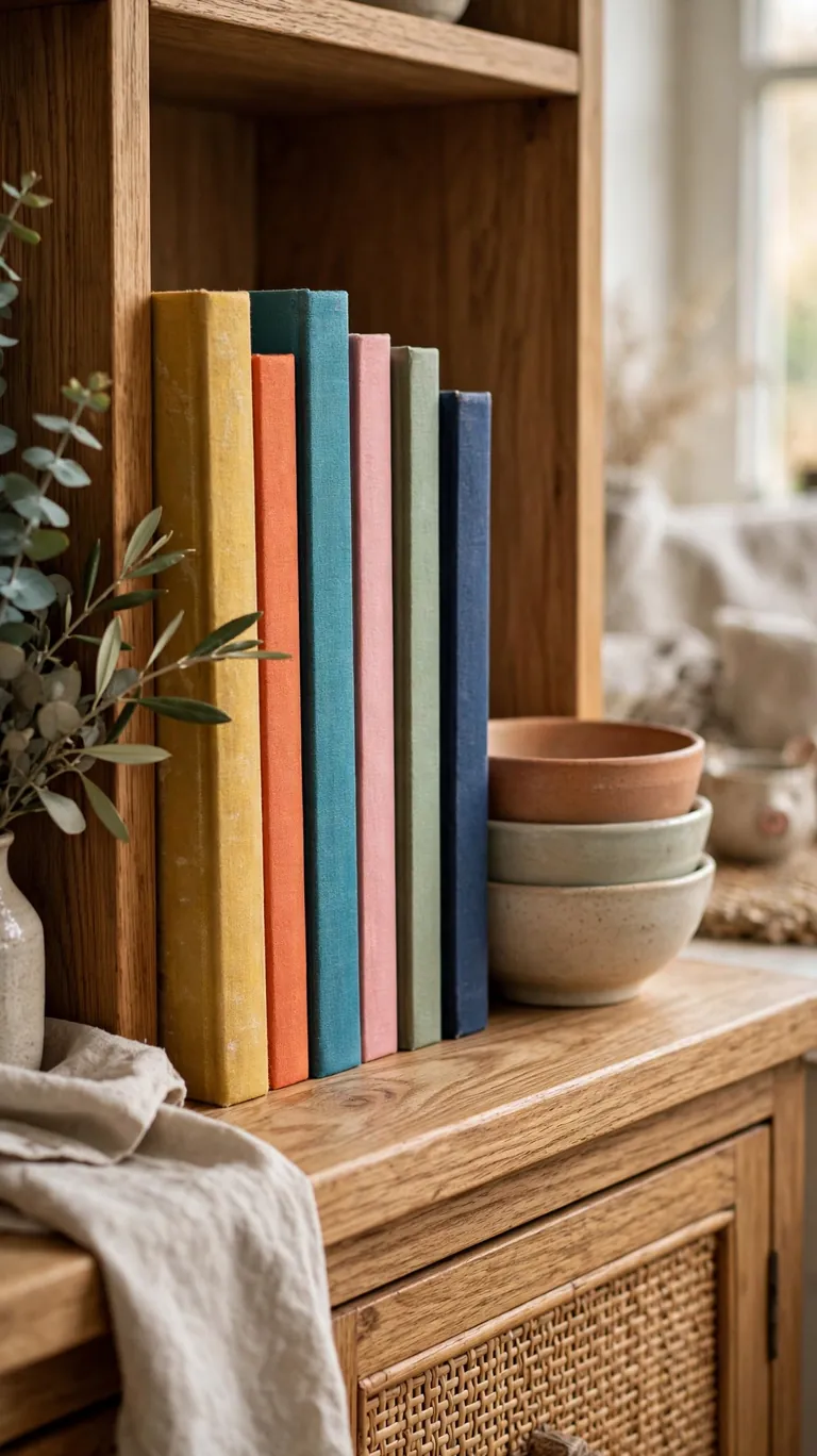 Row of colorful cookbooks standing upright on a hutch shelf beside stacked bowls.