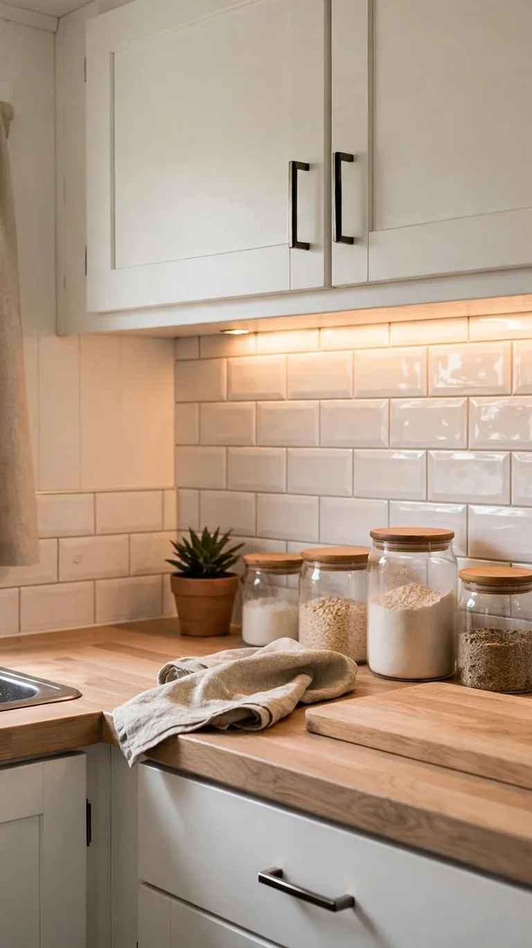 17 Trailer Decor Ideas to Make Your Mobile Home Feel Cozy and Stylish 12 A trailer kitchen with a white peel-and-stick subway tile backsplash and warm under-cabinet light.