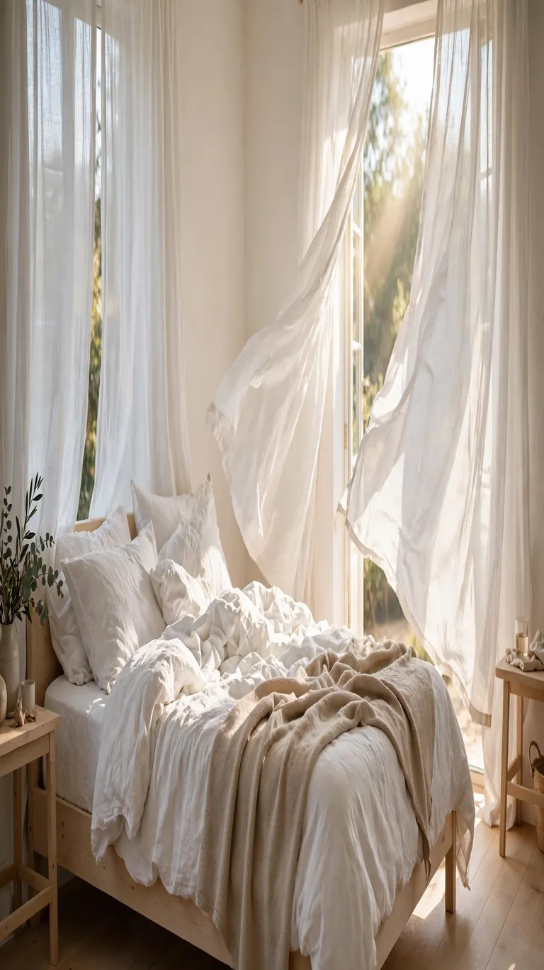 Bright bedroom with billowing white linen curtains and relaxed white linen bedding in sunlight.