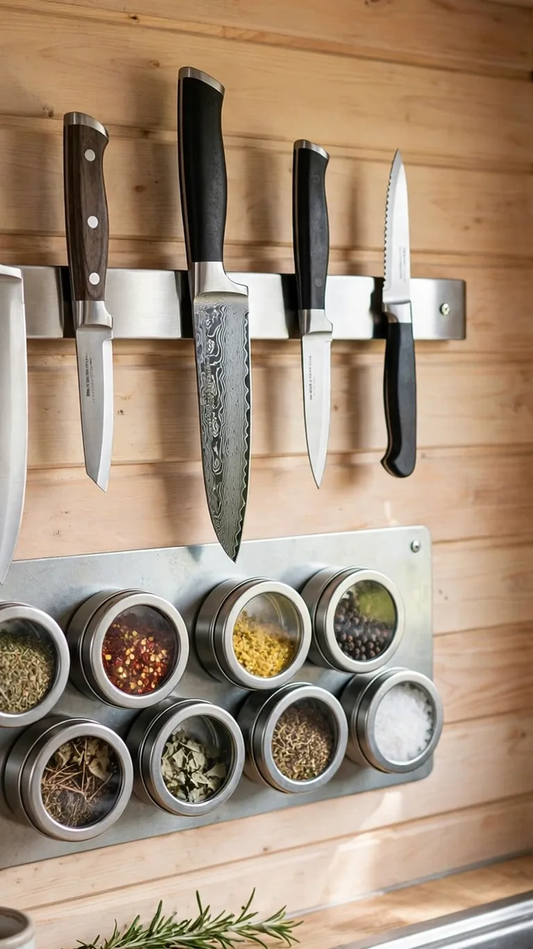 A magnetic knife strip and spice tins mounted on a metal plate on a caravan kitchen wall.