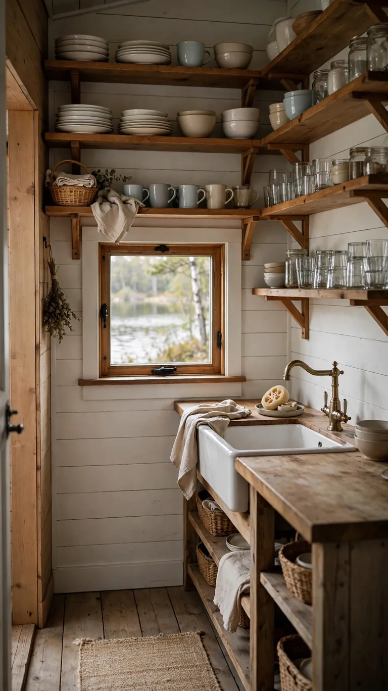 21 Small Lake Cottage Interior Design Ideas That Feel Cozy and Inviting 12 Small lake cottage kitchen with open wood shelves holding everyday dishes, mugs, and glasses in a simple palette.