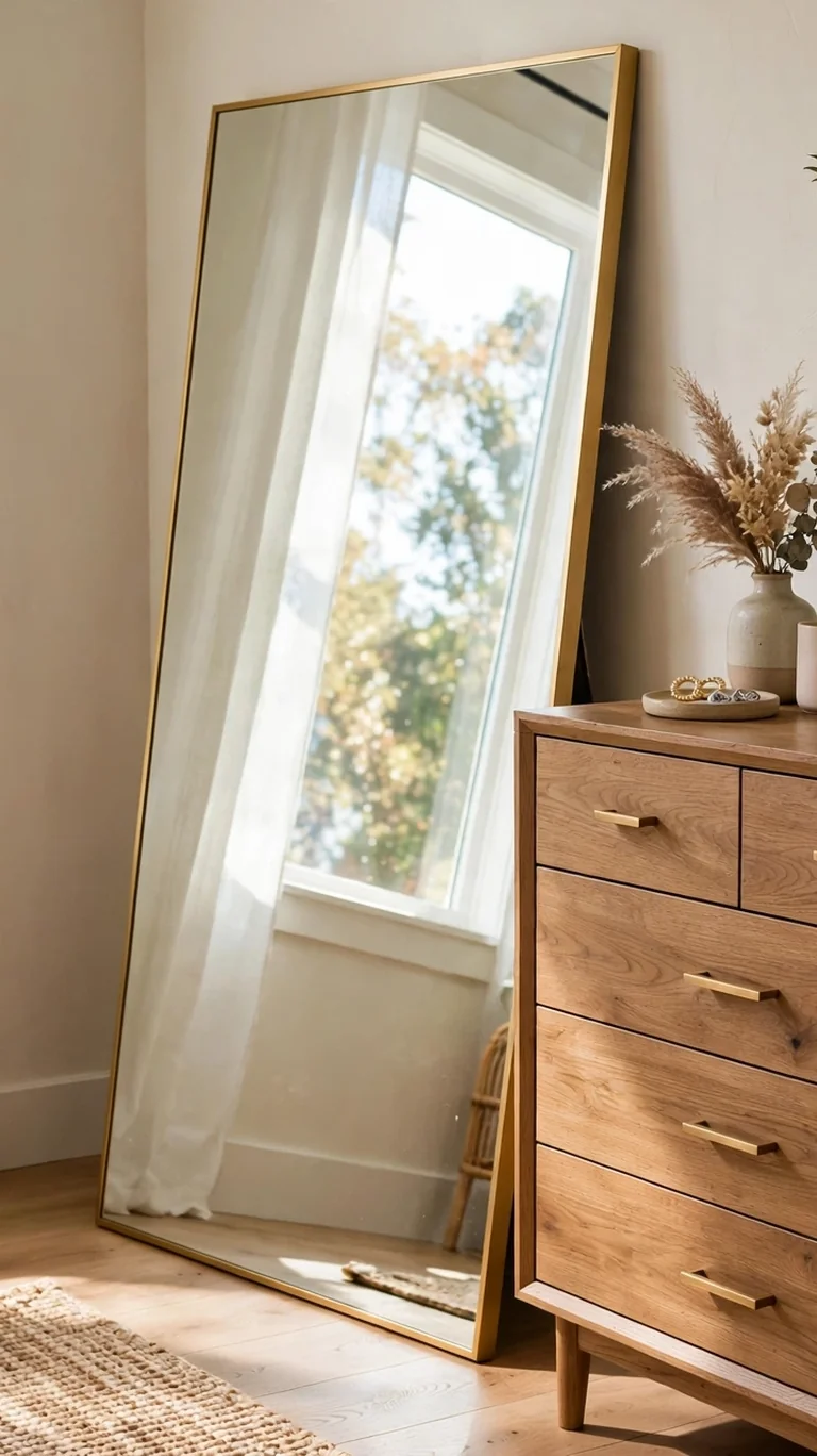 Oversized full-length mirror with a slim gold frame leaning against a teen bedroom wall.