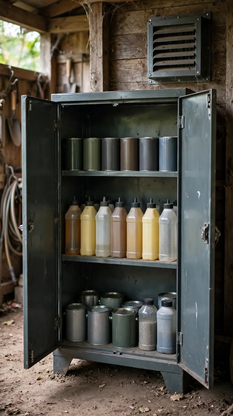 A metal storage cabinet with latching doors inside a shed, holding neatly arranged paint cans and garden chemical bottles with a vent nearby.