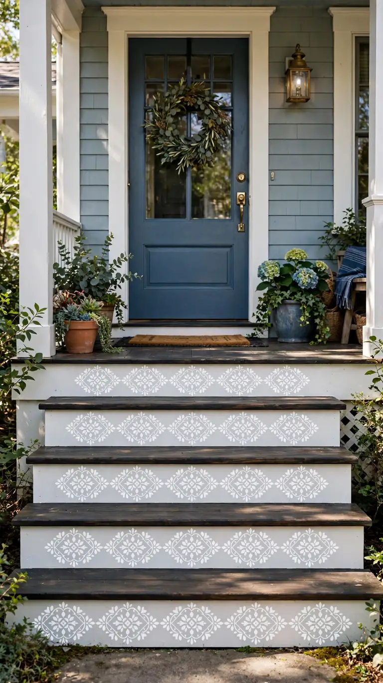 Front porch steps with painted white risers and a stenciled pattern with dark treads.