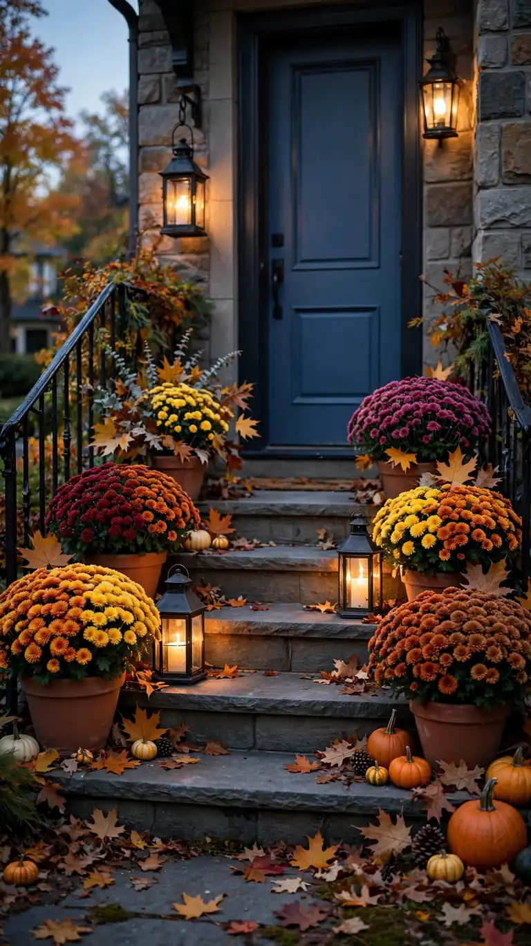 23 Beautiful Thanksgiving Decor Ideas for a Warm Holiday Home 12 Style the Porch with Mums and Lanterns