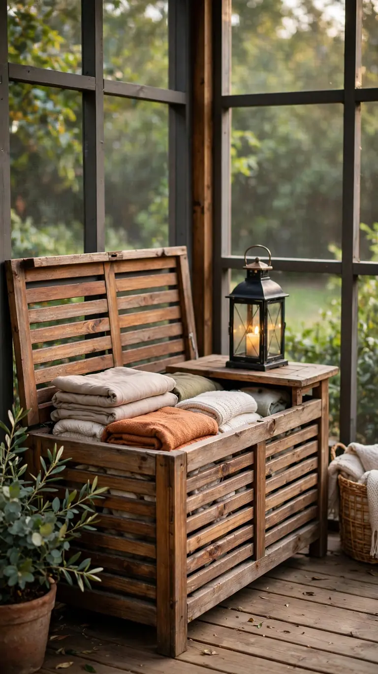 Wooden outdoor storage bench with the lid open showing folded cushions and throws inside, placed against a screened porch wall with a lantern on top.