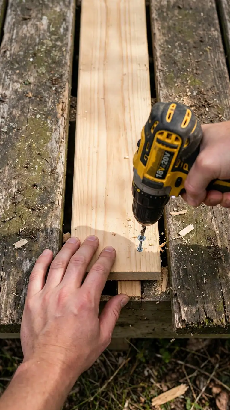 New wooden deck board being fitted into place beside old boards during a repair.