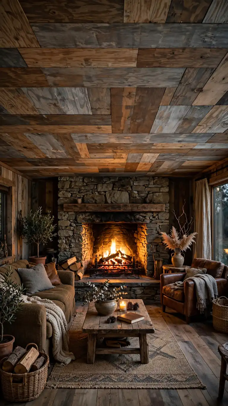 Rustic living room with a varied brown and gray stained plywood plank ceiling above a stone fireplace.