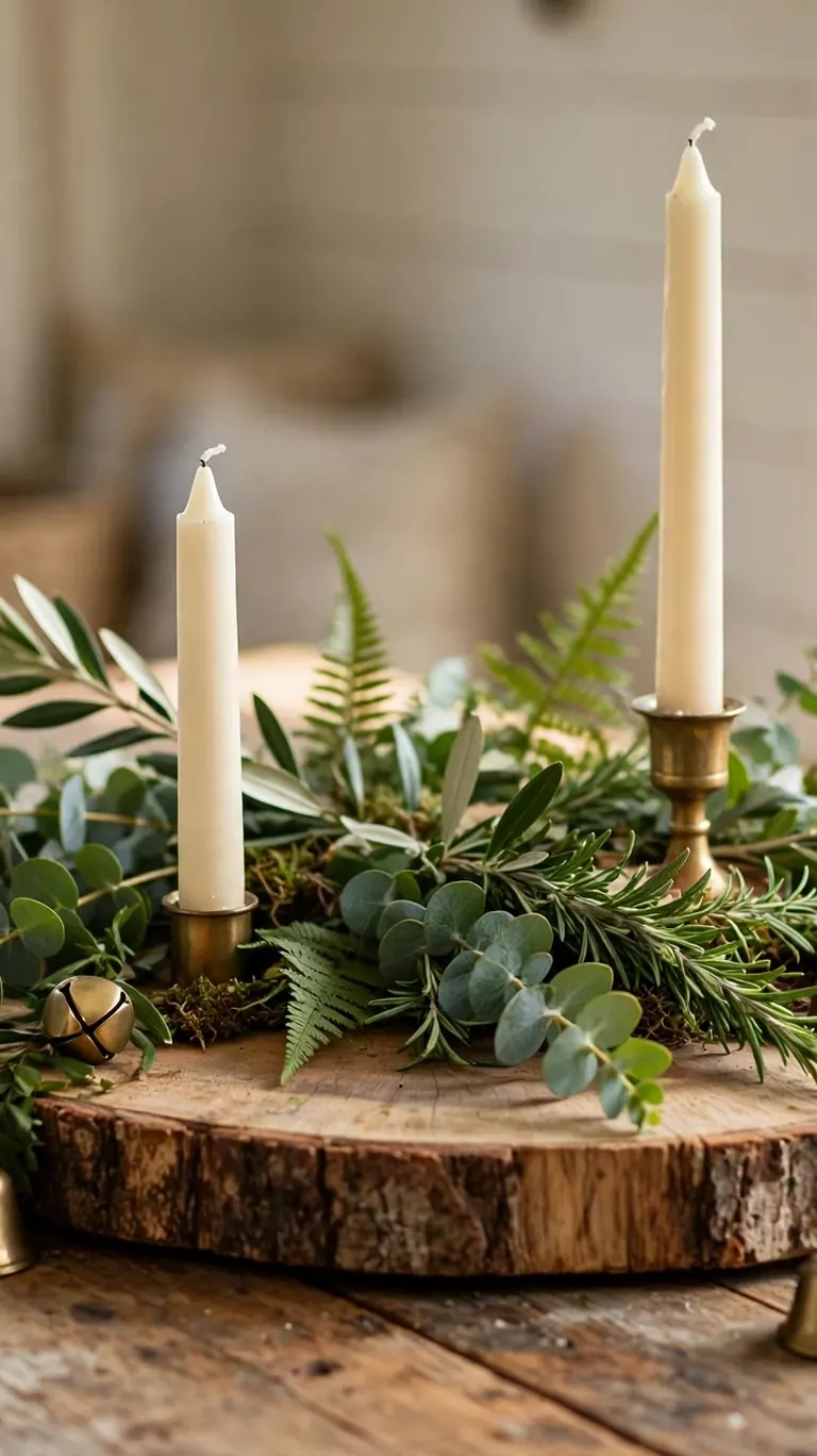 Rustic wood slice centerpiece with greenery, taper candles, and brass bells on a farmhouse coffee table.