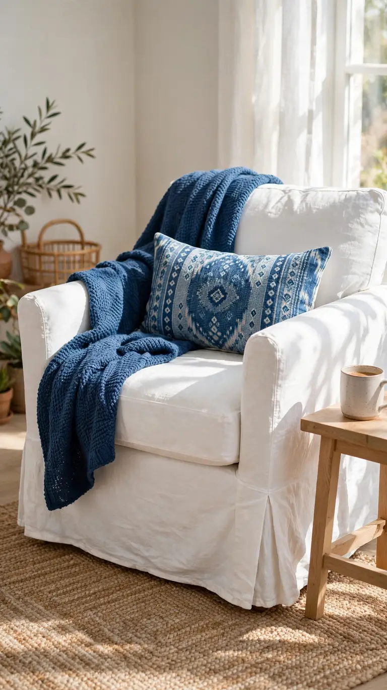 White slipcovered armchair with indigo throw and patterned blue pillows.