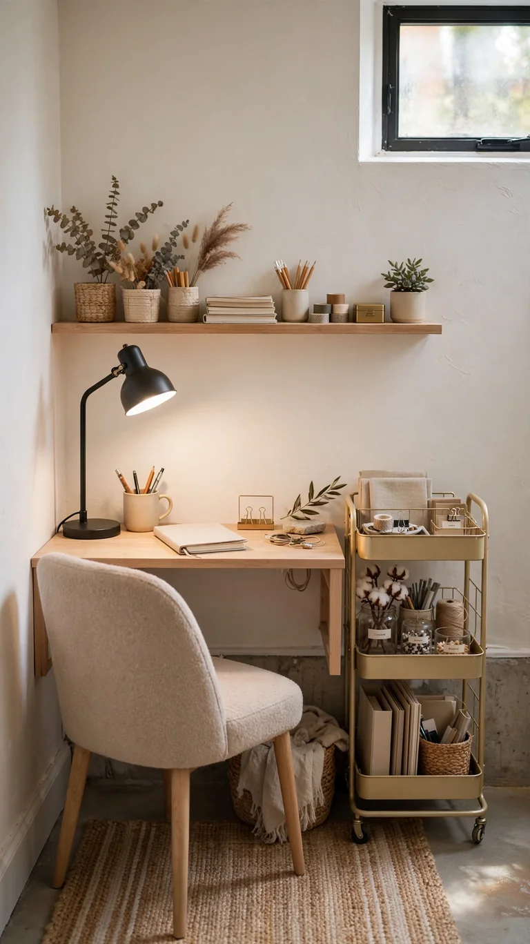 19 Small Basement Ideas to Make the Most of Any Space 12 Compact home office nook in a basement with a narrow desk, chair, and task lamp.