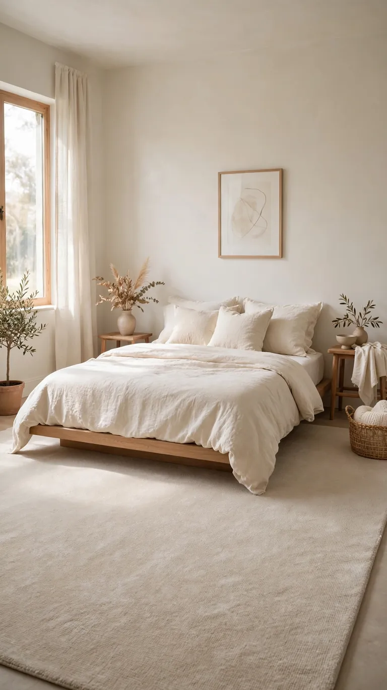 Small bedroom with one large neutral rug extending under the bed on both sides.