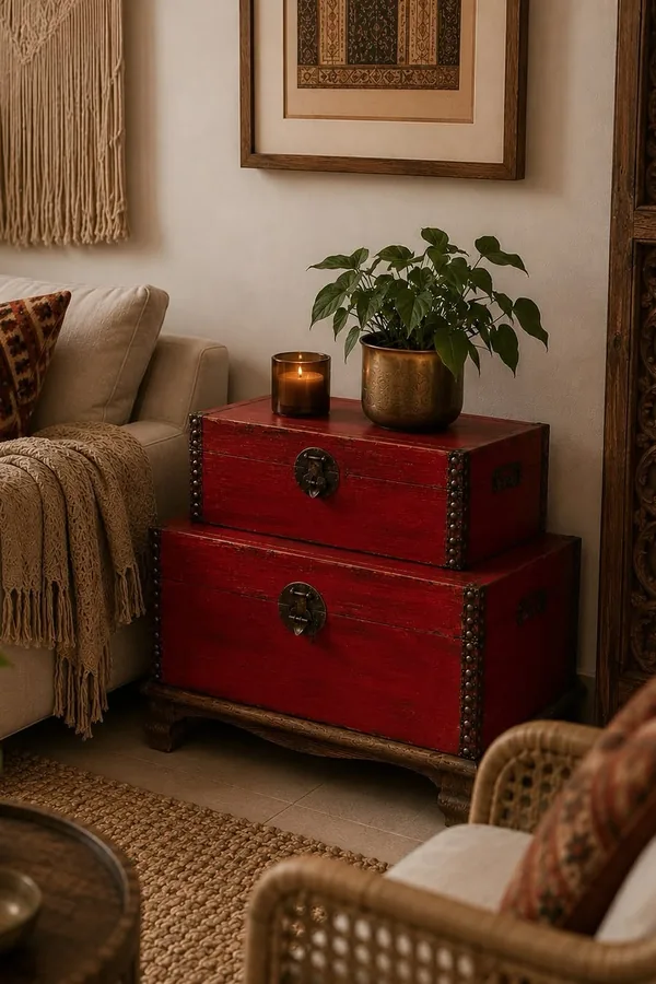 17 Empty Corner Living Room Ideas to Make Your Space Feel Complete 12 Hide Blankets and Remotes in a Lidded Trunk That Doubles as a Side Table