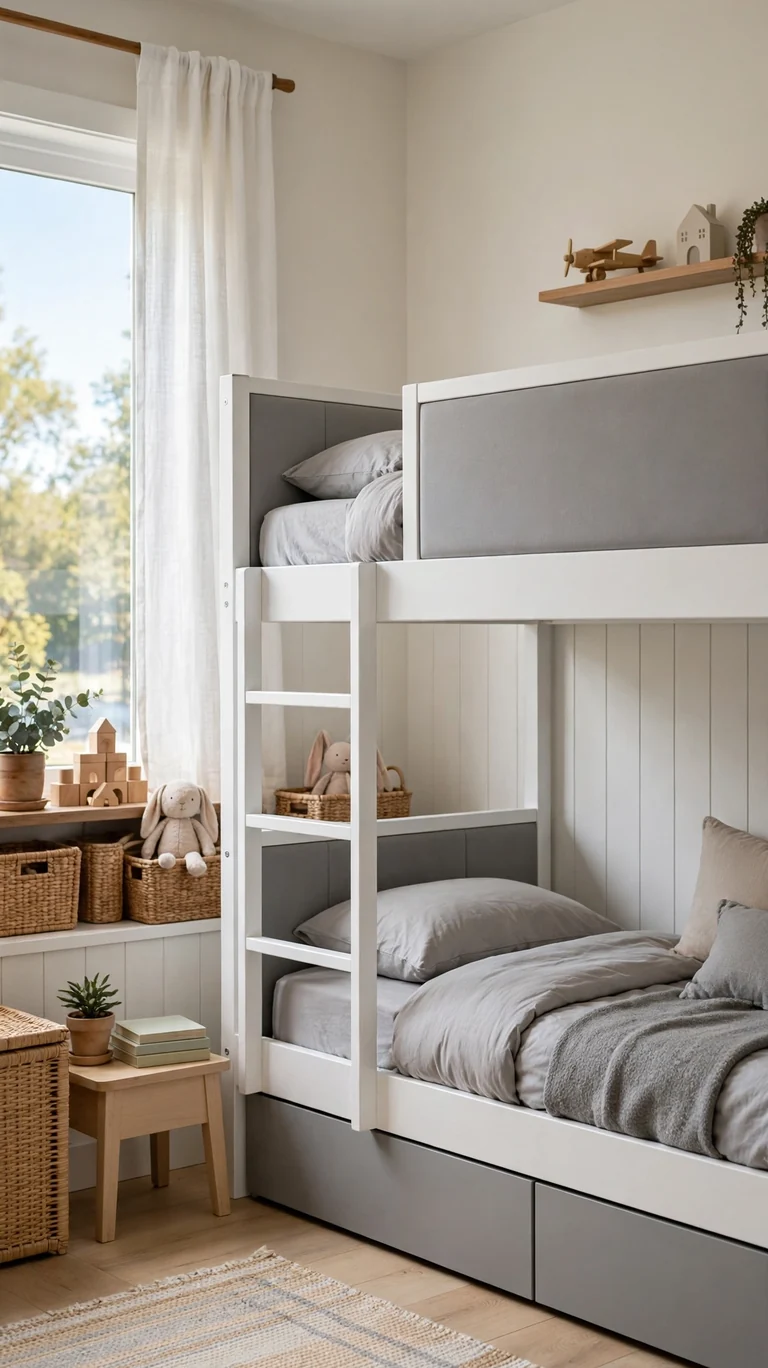 Bunk beds painted two-tone with white frames and soft gray headboards in a modern kids room.