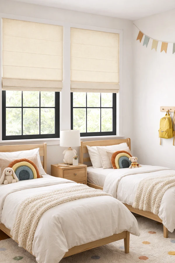 Warm White Blackout Roman Shades for Better Sleep