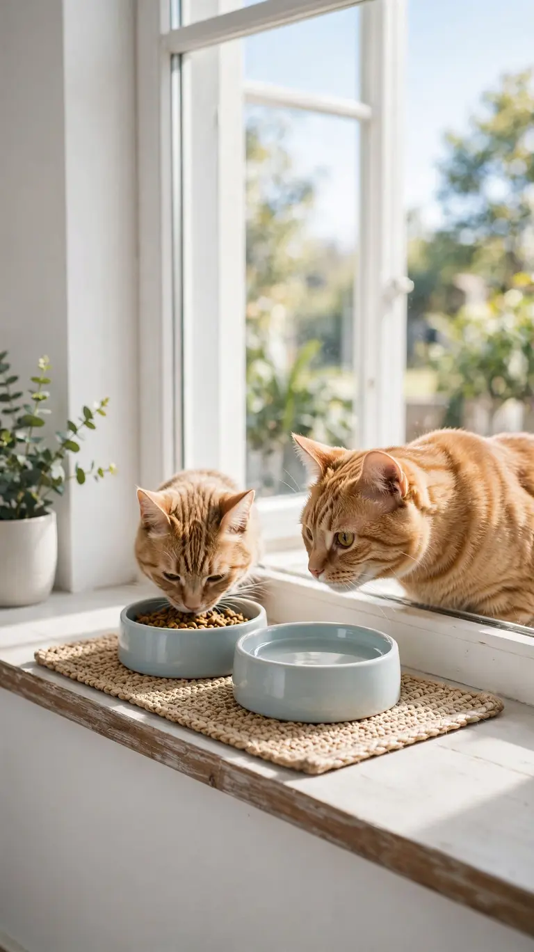 16 Clever Cat Food Station Ideas to Keep Your Home Organized 12 A wide windowsill with a small mat and two cat bowls, a cat eating while looking out a bright window.
