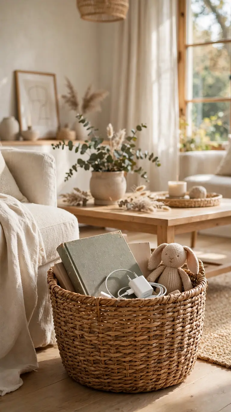 Woven reset basket collecting out-of-place items during a weekly tidy.
