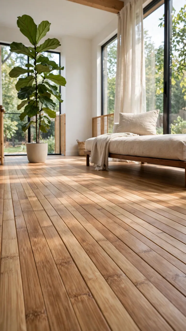 Sunroom with bamboo flooring in a natural finish, minimalist daybed, and tall fiddle leaf fig plant.