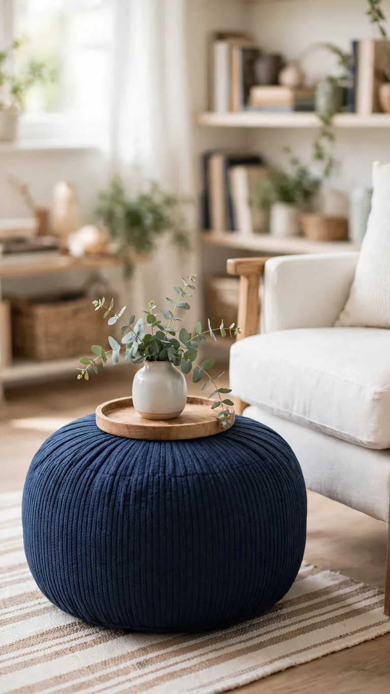 Round blue pouf ottoman beside a white armchair with a tray on top.