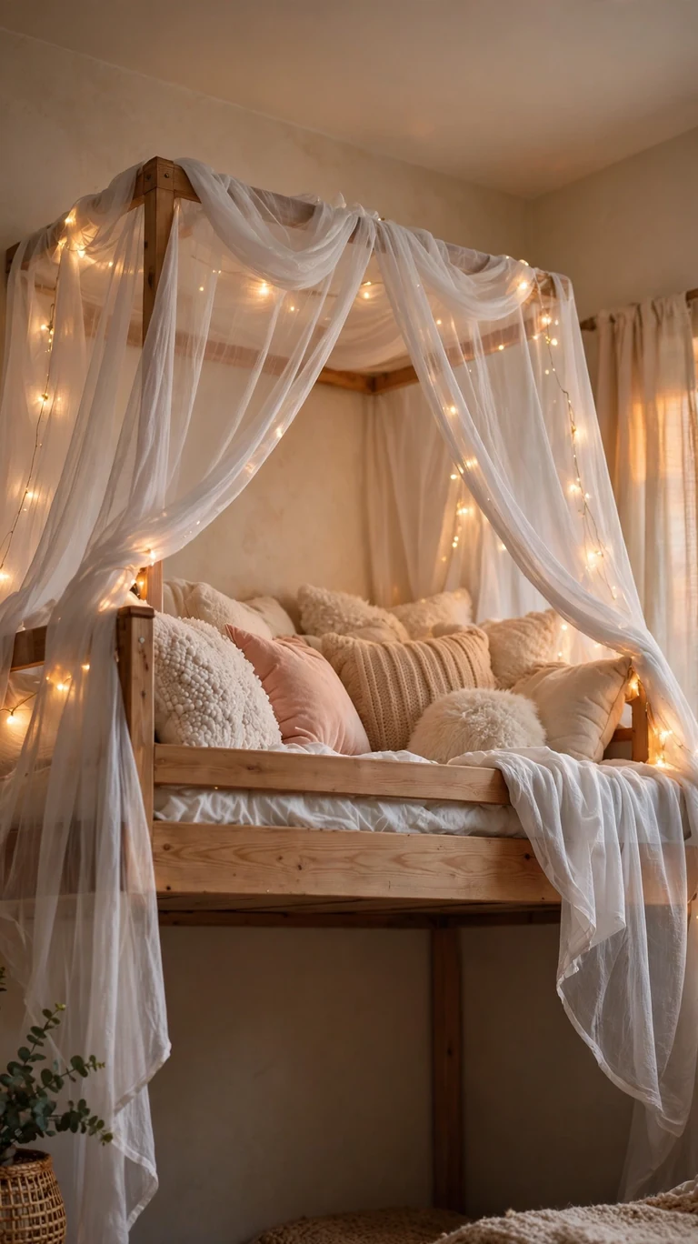 Sheer white canopy draped over a top bunk with string lights and plush pillows inside.
