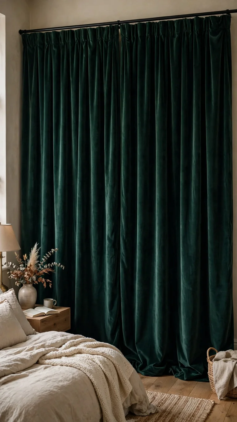 22 Creative Closet Curtain Ideas for a Stylish, Space-Saving Upgrade 13 Deep emerald velvet curtain panels covering a bedroom closet, giving the wall a rich moody softness.