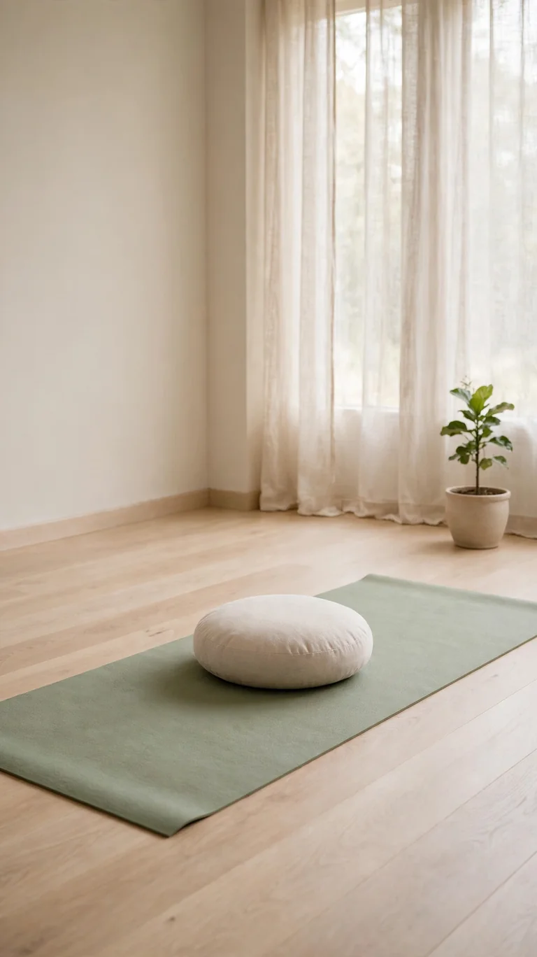 14 Inspiring Yoga Room Ideas for a Peaceful Home Retreat 13 Minimalist yoga room with just a mat, one cushion, and a single plant on a clean light wood floor.