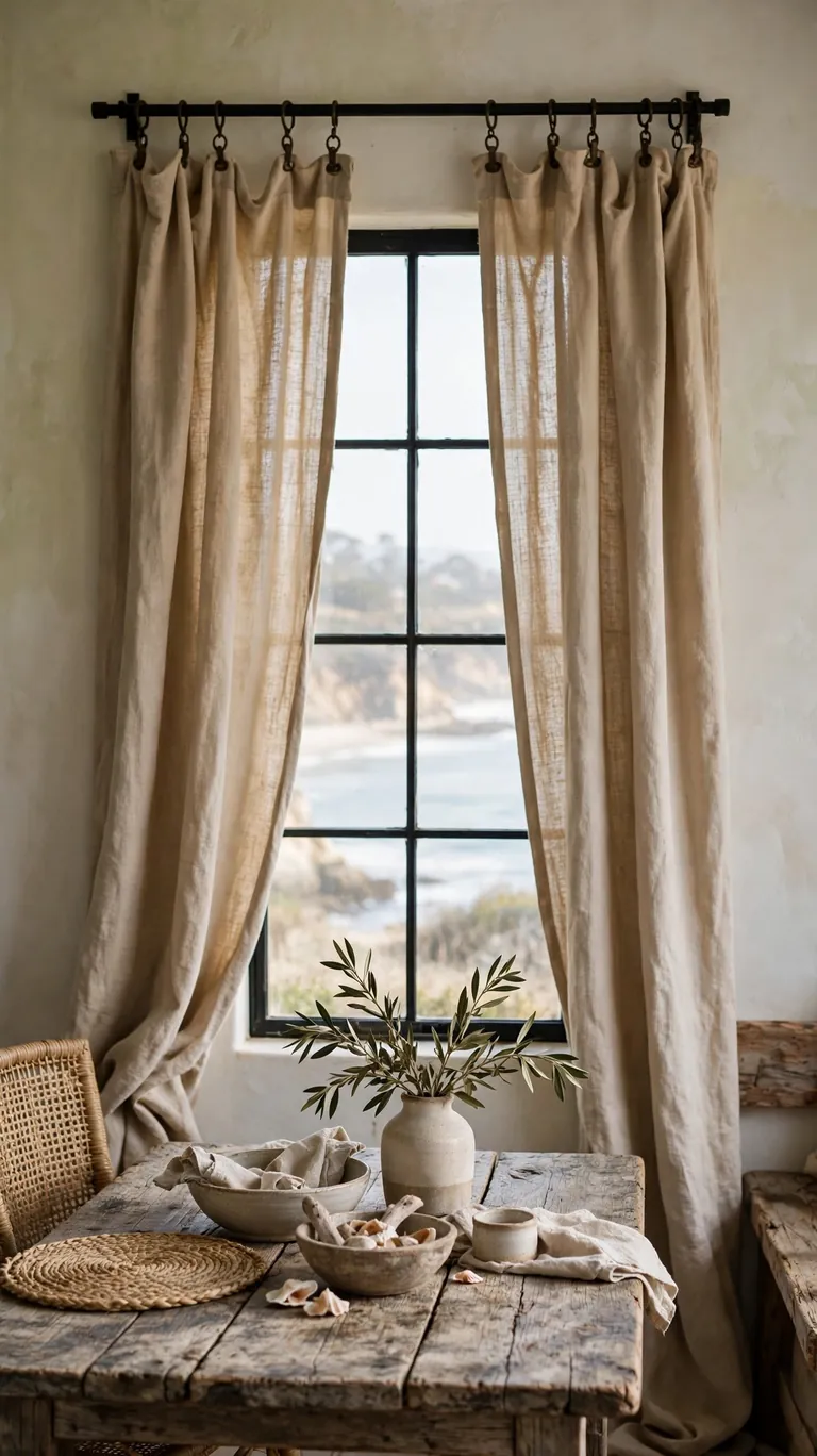 Natural canvas drop cloth curtains with clip rings on a rustic coastal window.