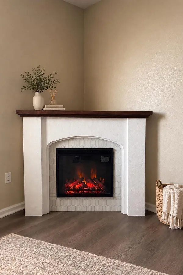17 Empty Corner Living Room Ideas to Make Your Space Feel Complete 13 Place a Small Electric Fireplace in the Corner Facing the Sofa