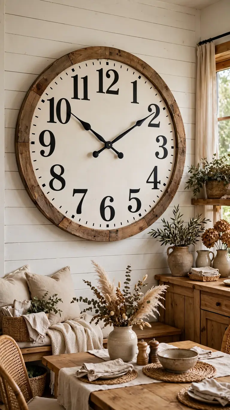 Oversized round farmhouse wall clock with large numerals and a wooden frame hanging on a dining room wall.