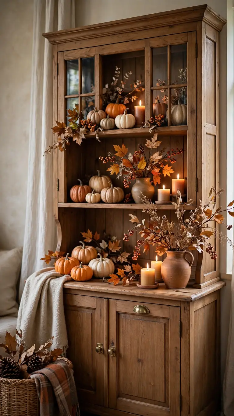 Hutch decorated for fall with small pumpkins, warm toned candles, and autumn branches.