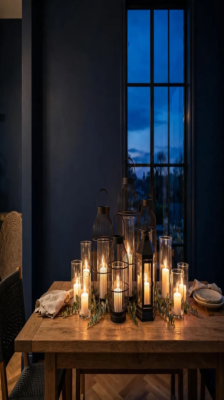 Dining table at dusk styled with glowing caged metal lanterns and hurricane glass candle holders.