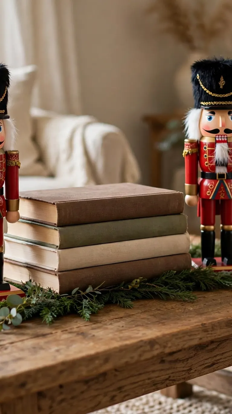 Pair of traditional red and gold nutcracker figures standing at the ends of a book stack on a coffee table.
