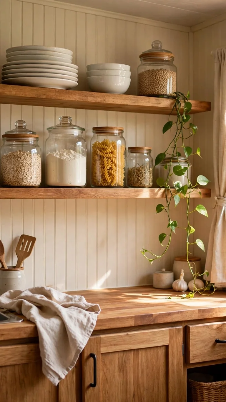 17 Trailer Decor Ideas to Make Your Mobile Home Feel Cozy and Stylish 13 Open wooden shelves styled with white dishes and glass jars in a trailer kitchen.