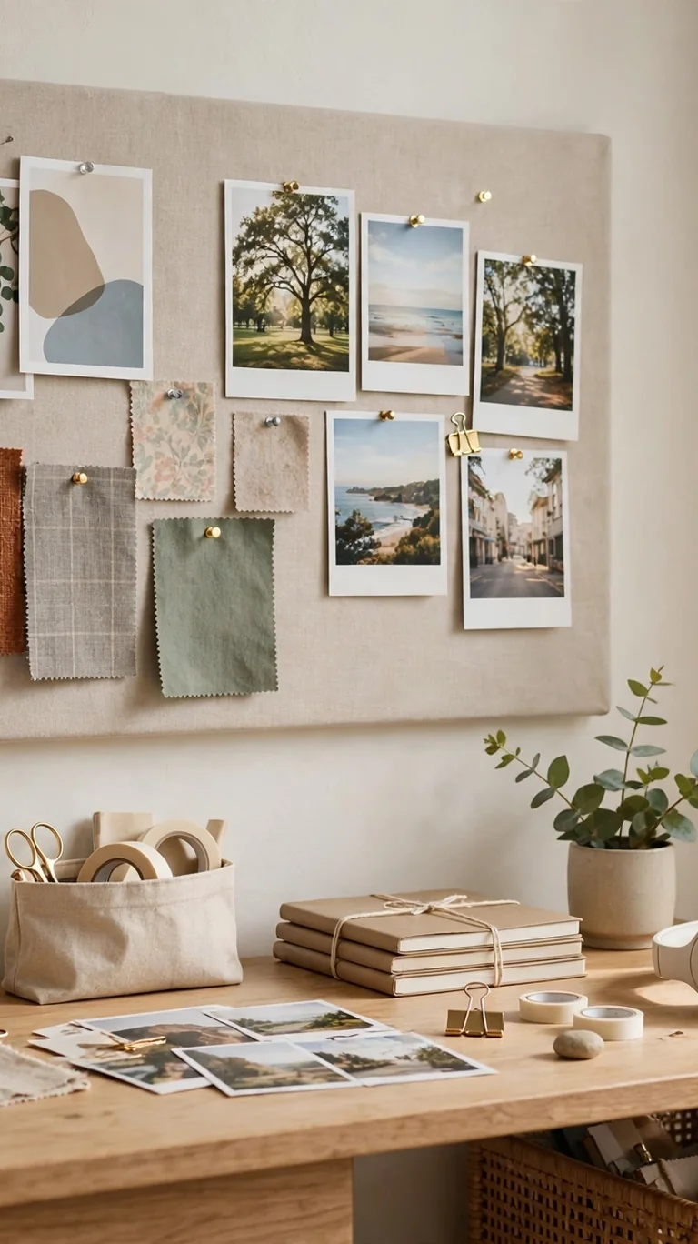 Fabric-covered pinboard above a teen desk, pinned with photos, tickets, and magazine cutouts.