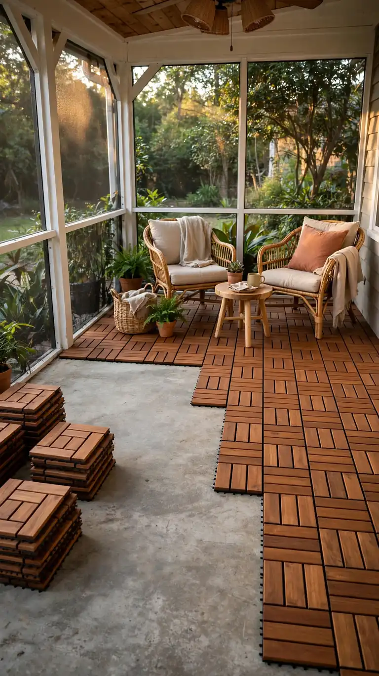 Interlocking wood deck tiles being laid over a concrete screened porch floor, half finished, with a seating area visible on the completed section.