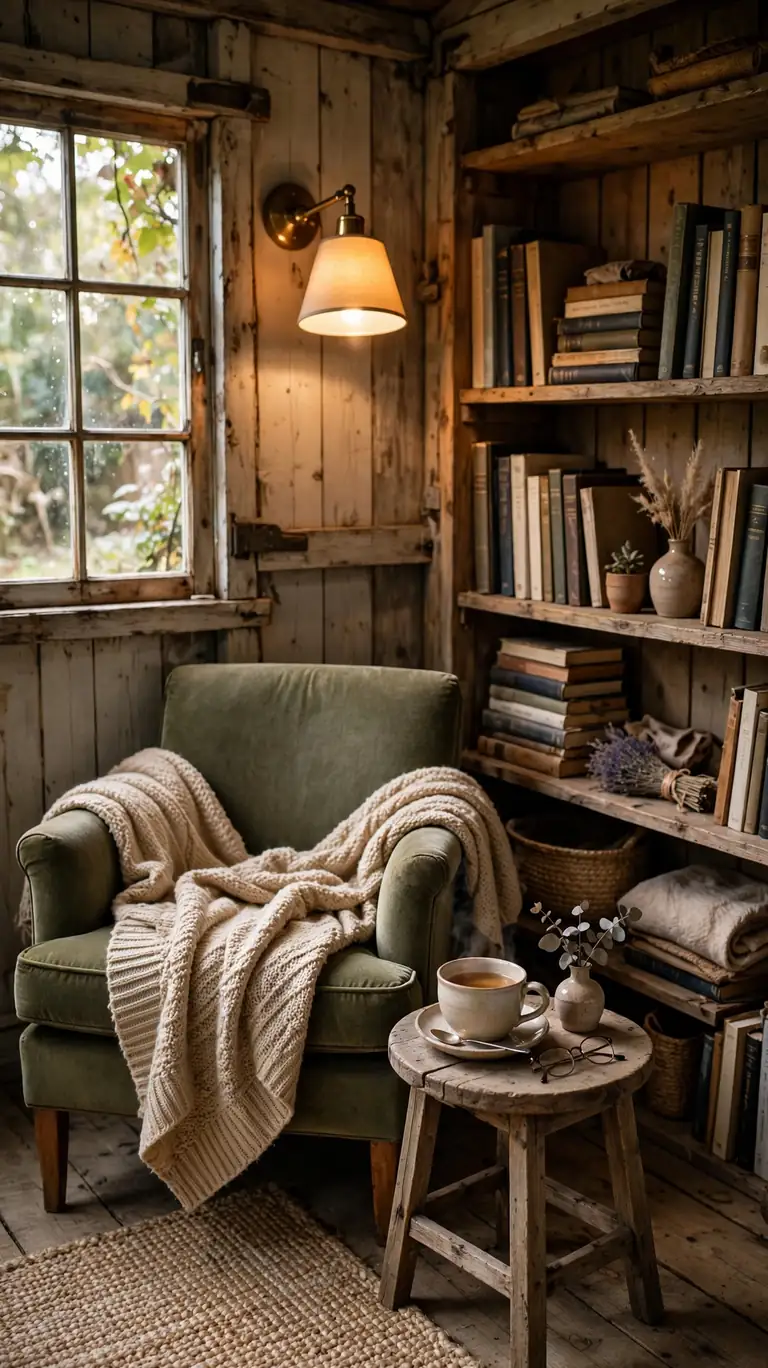 A cozy reading corner in a shed with an armchair and throw blanket, small side table with a tea cup, bookshelf, and warm reading lamp.