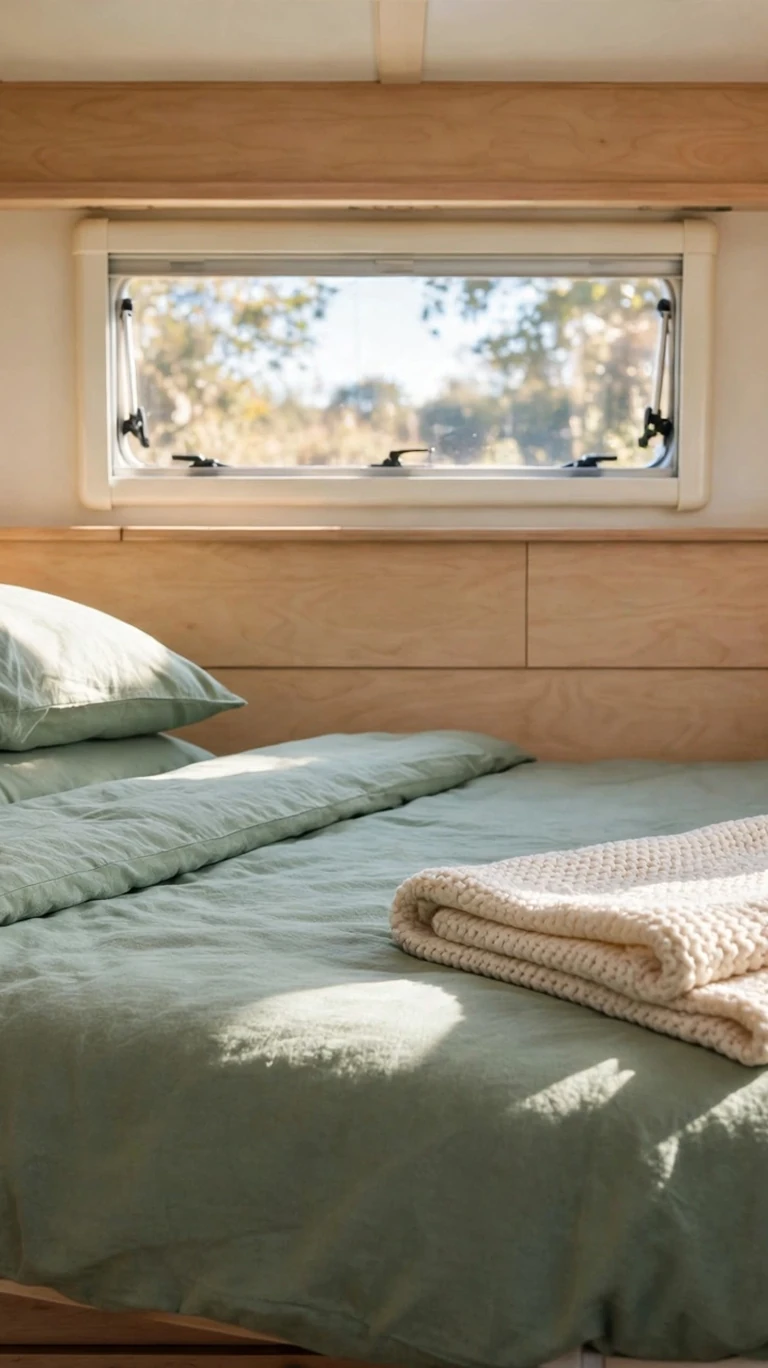 A caravan bed dressed in fresh sage green bedding with a folded throw at the foot.