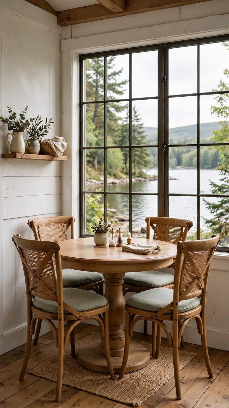 21 Small Lake Cottage Interior Design Ideas That Feel Cozy and Inviting 13 Round pedestal dining table with tuck-under chairs in a tight cottage dining nook beside a lake-view window.
