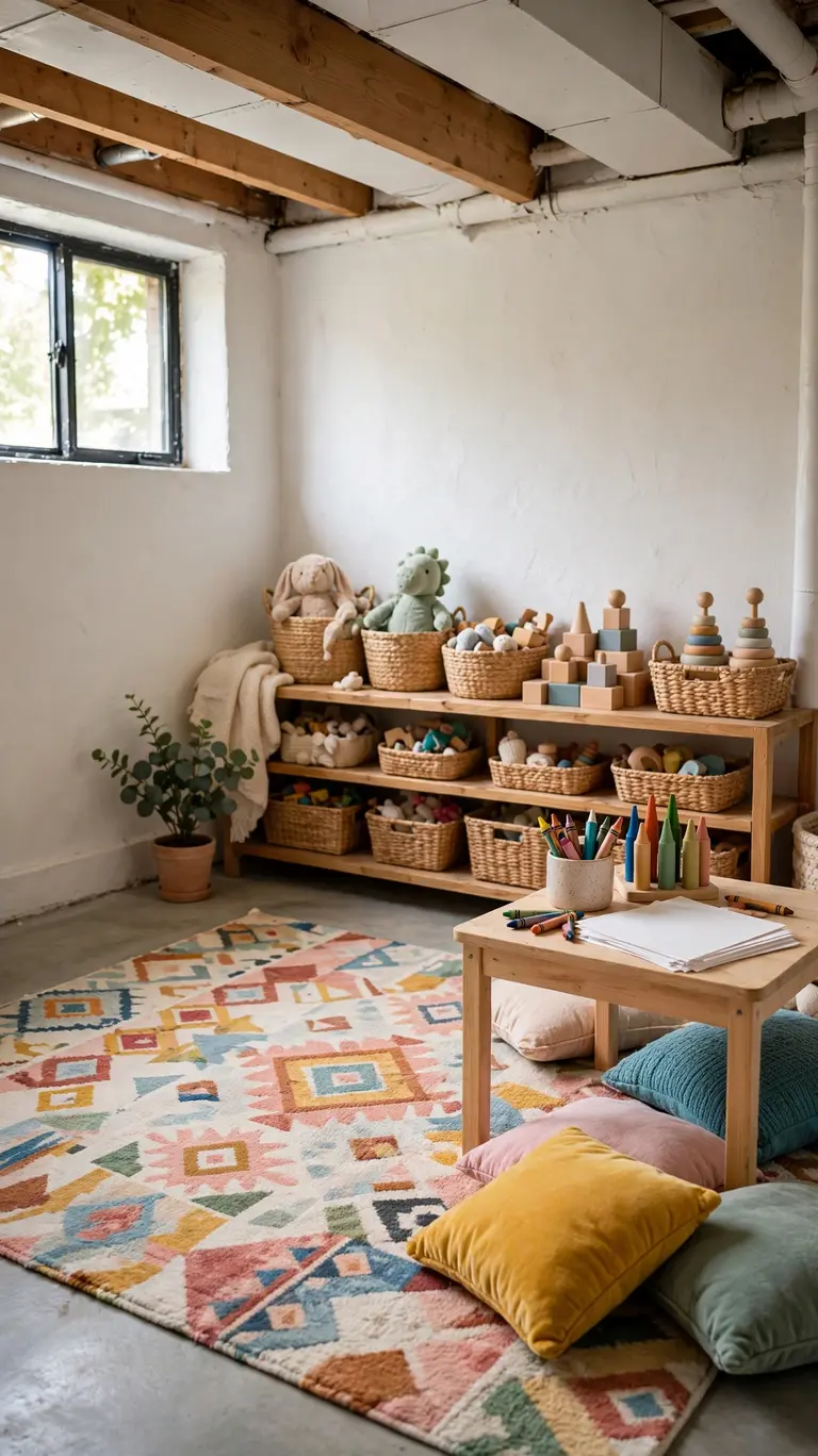 19 Small Basement Ideas to Make the Most of Any Space 13 Kids play zone in a basement with a washable rug, low toy shelves, and a small craft table.