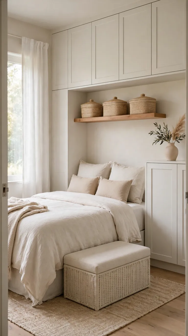Tidy small bedroom with closed storage baskets and cabinets keeping clutter out of sight.