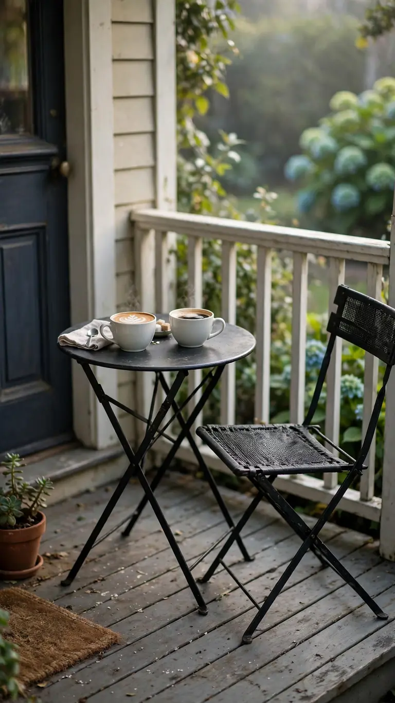 Small round folding bistro table with two cups of coffee and a folding chair on a tiny front porch.