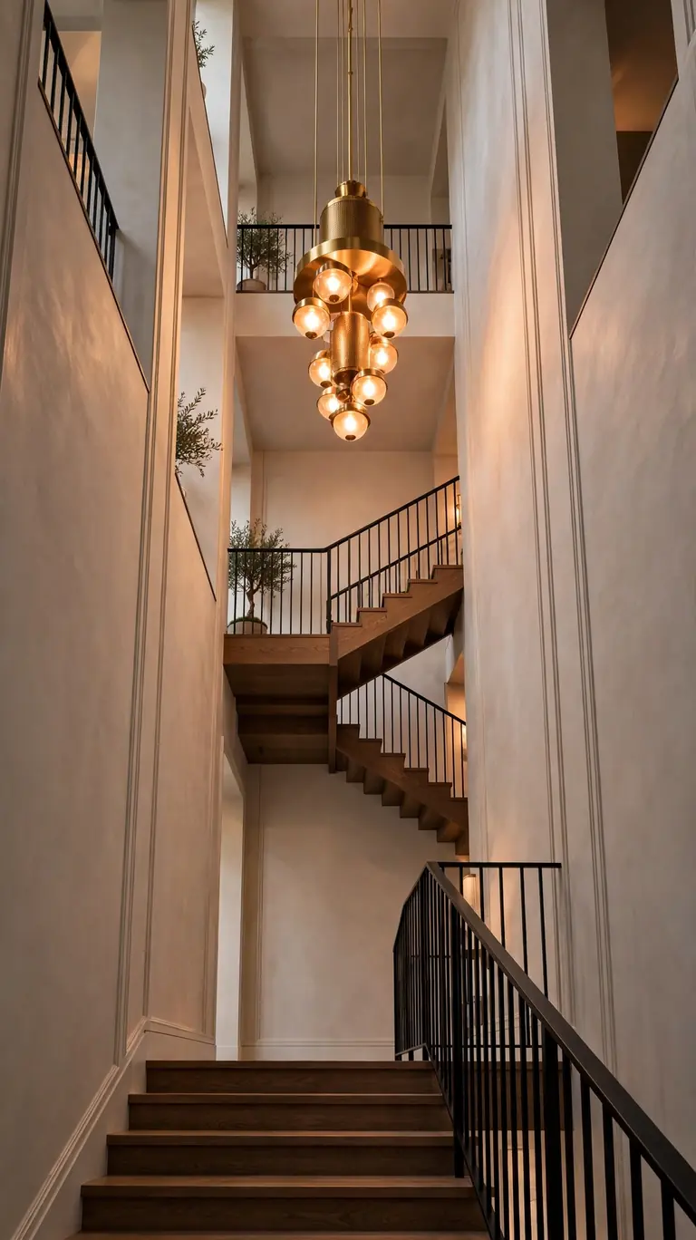 Tall double-height stairwell viewed from the stairs looking up, with a glowing brass globe-cluster pendant light hanging over the landing.
