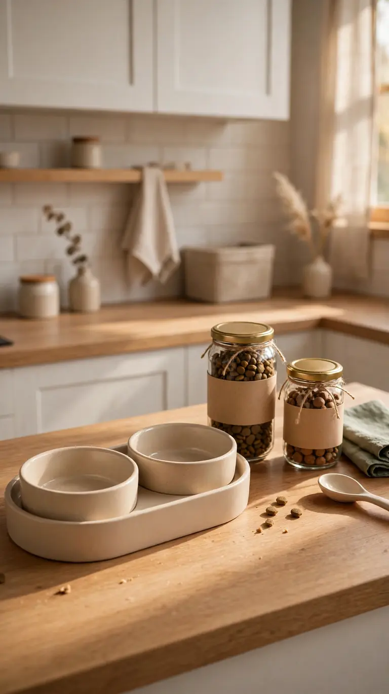 16 Clever Cat Food Station Ideas to Keep Your Home Organized 13 A matching two-bowl feeding tray with ceramic bowls on a kitchen counter beside labeled sealed containers of cat food and treats.