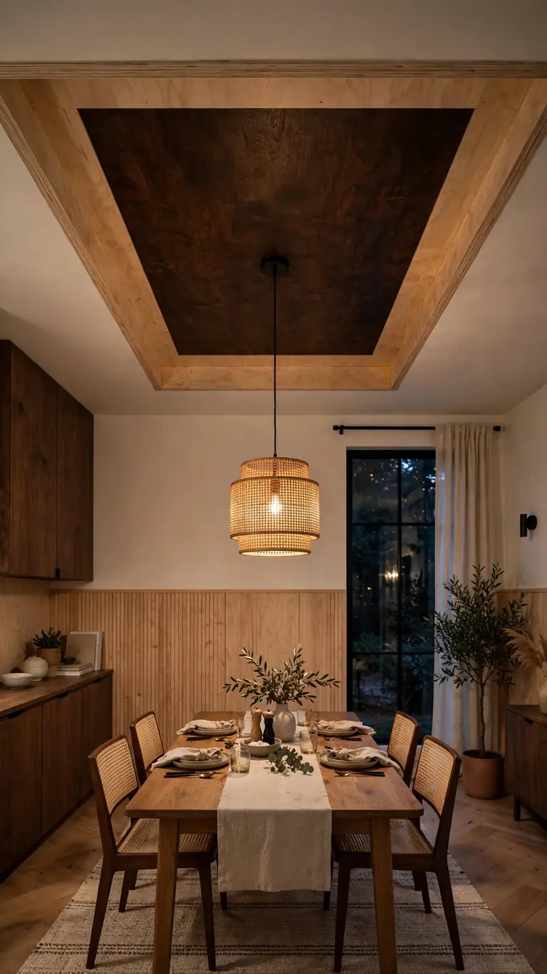 Dining room with a two-tone plywood ceiling, dark stained central inset with a light border.