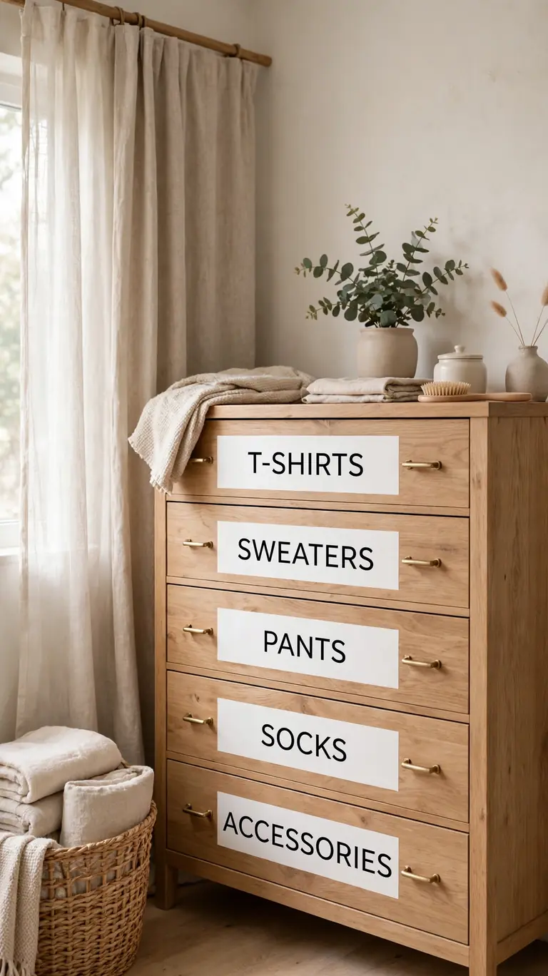 Dresser drawers with big clear labels on every drawer front.