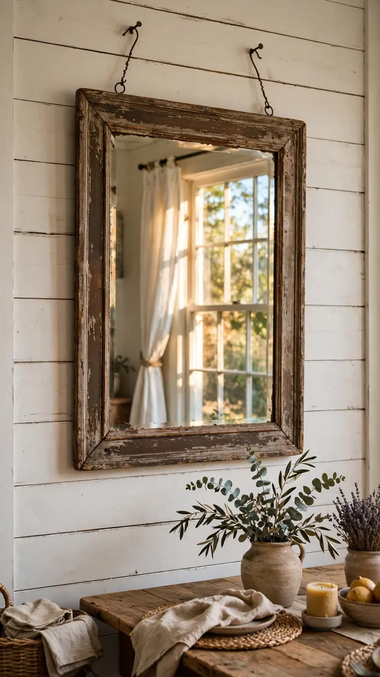 Antique mirror with a weathered wooden frame hanging on a dining room wall reflecting warm window light.
