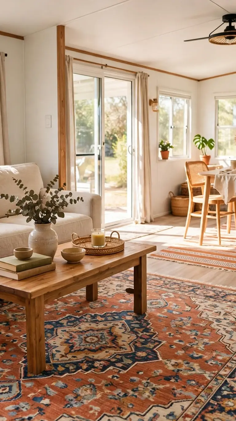 17 Trailer Decor Ideas to Make Your Mobile Home Feel Cozy and Stylish 14 An area rug defining the seating zone in an open-plan trailer living and dining space.